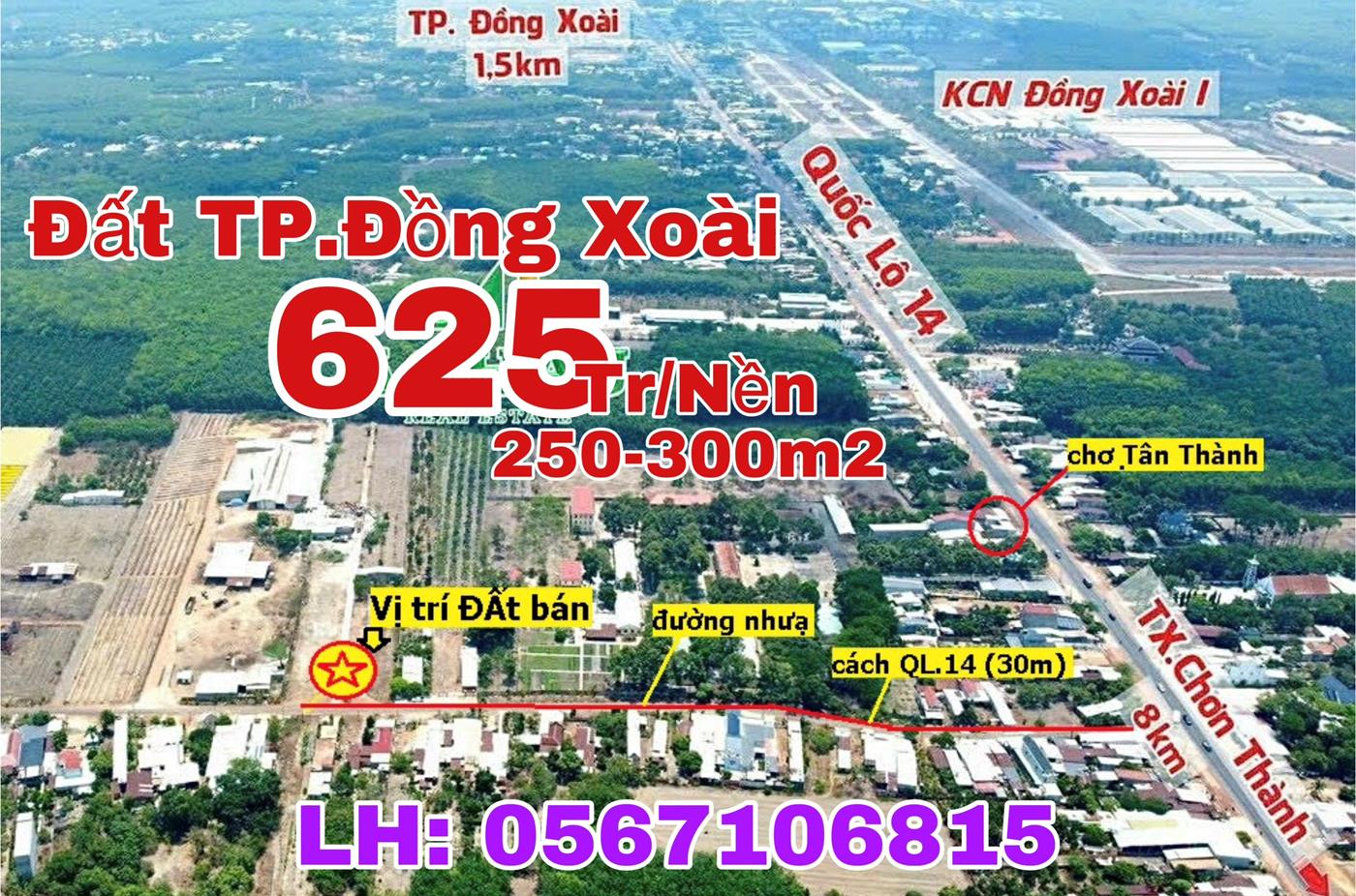 250m2 Đất * Sổ Sẵn* giá 625tr Ngay chợ Tân Thành,TP.Đồng Xoài